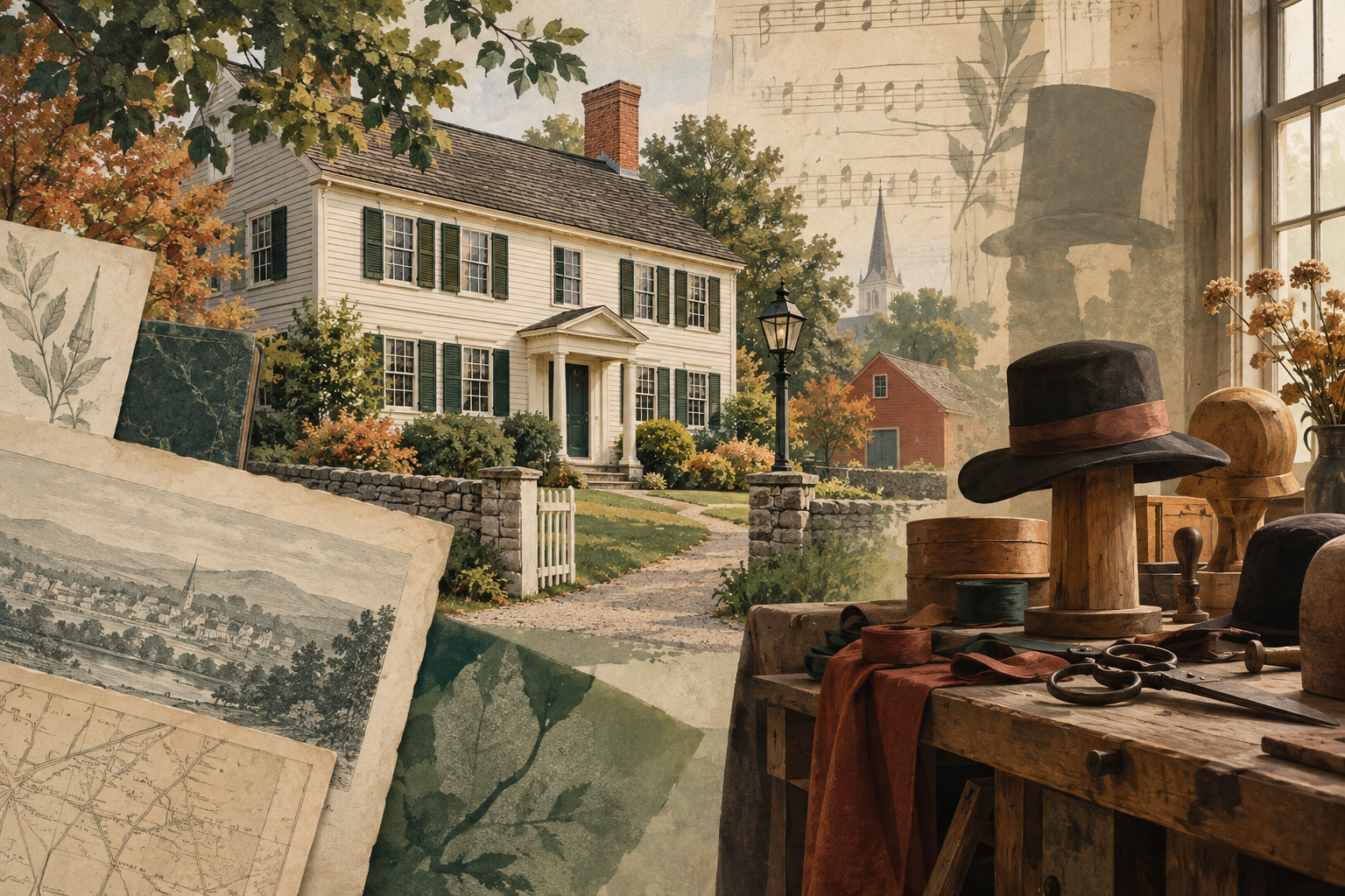 Editorial illustration combining a historic New England house, hat-making tools and musical motifs.