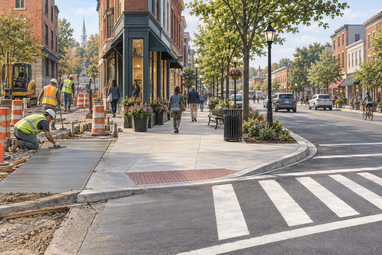 Editorial illustration of sidewalk construction transitioning into a completed small-city streetscape.