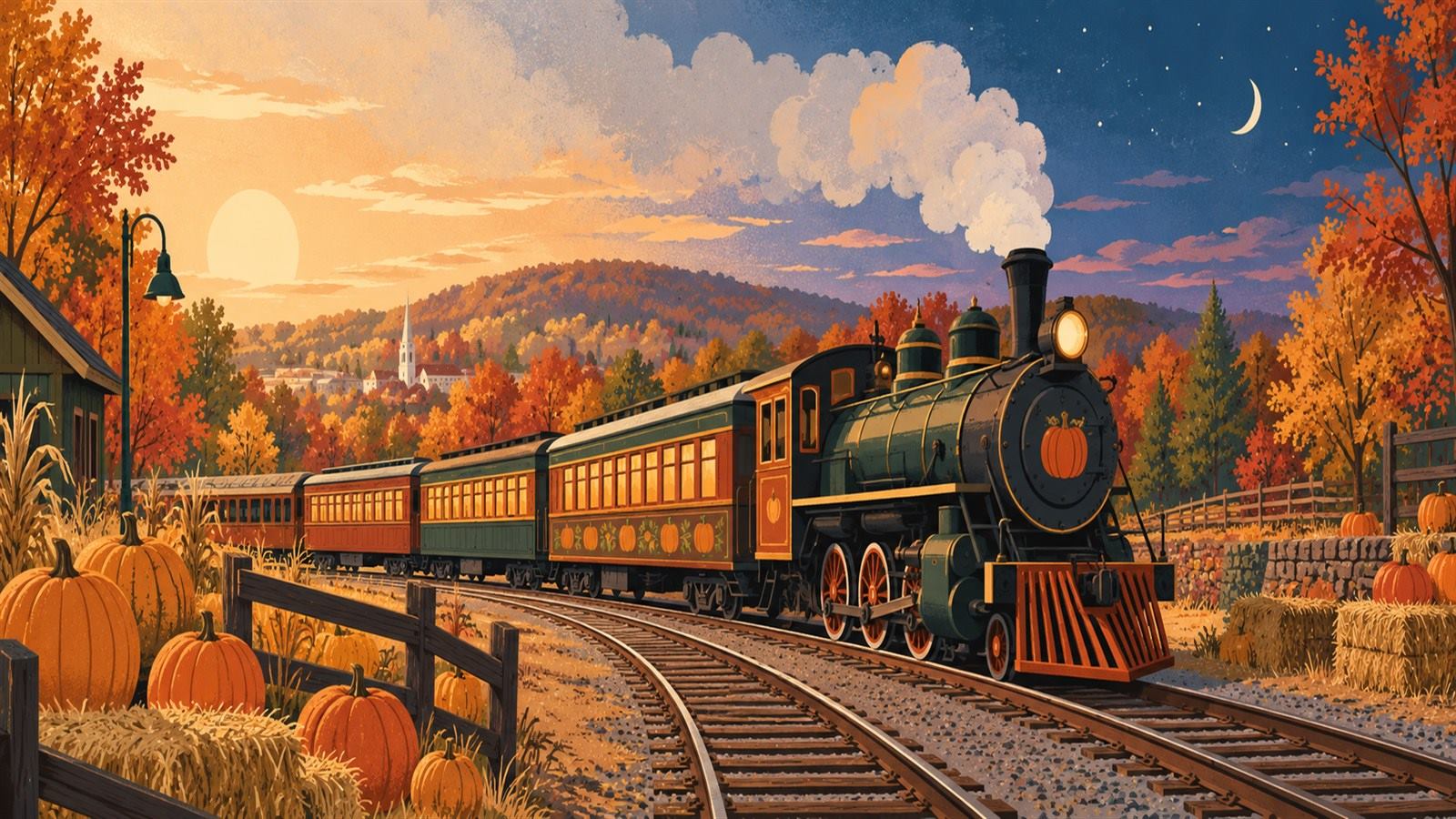 Editorial illustration of a vintage train passing a pumpkin patch at autumn twilight.